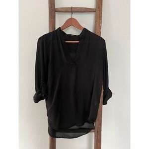 Derek Heart Blouse Top V-Neck Roll Tab Long Sleeve Black Blouse Size M
